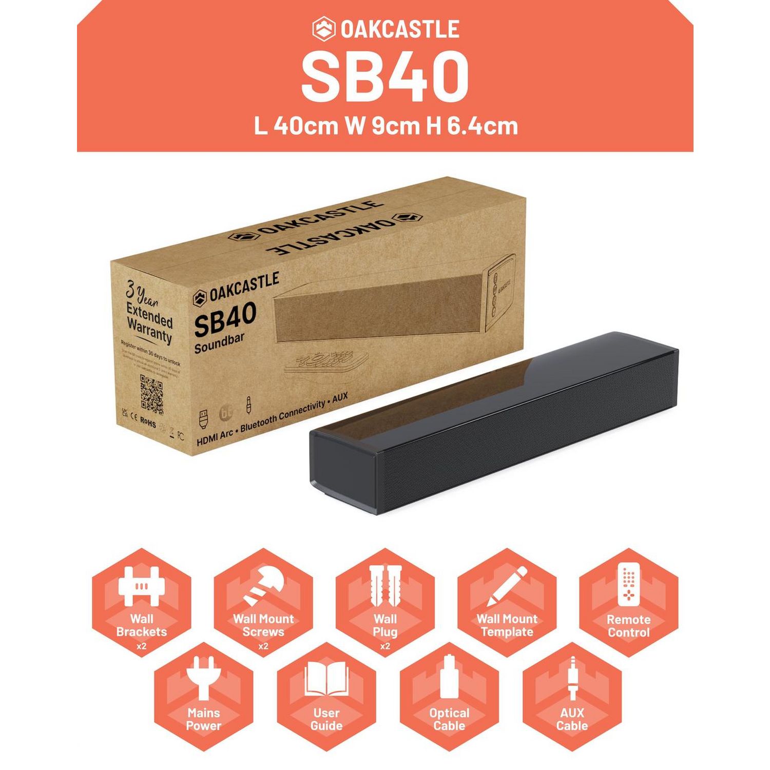 Oakcastle SB40 2.2Ch Bluetooth Soundbar 60W (British brand)