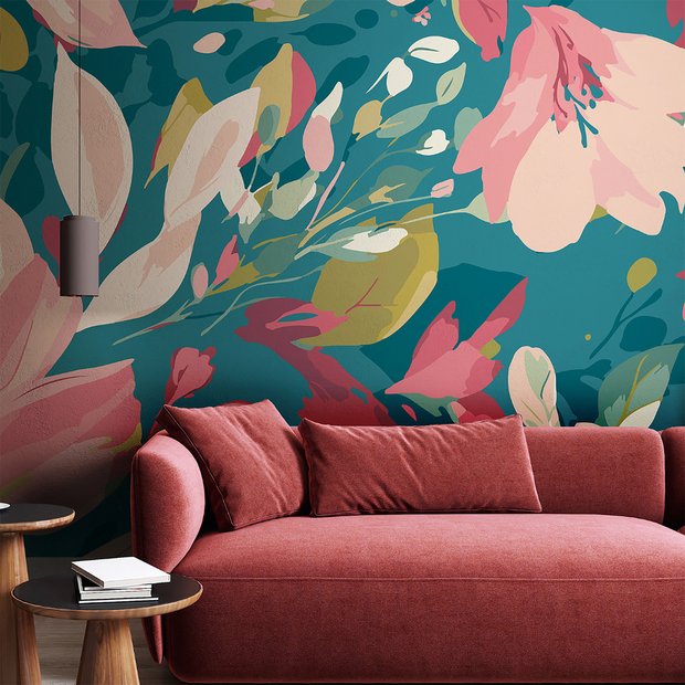 Origin Flowing Flowers mural teal and coral, imported from the UK