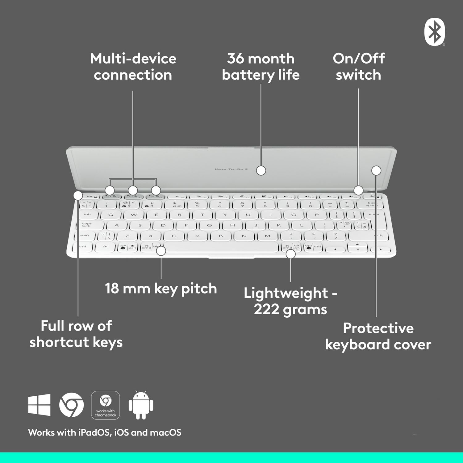 Logitech Keys-To-Go 2 wireless keyboard pale grey, imported from the UK