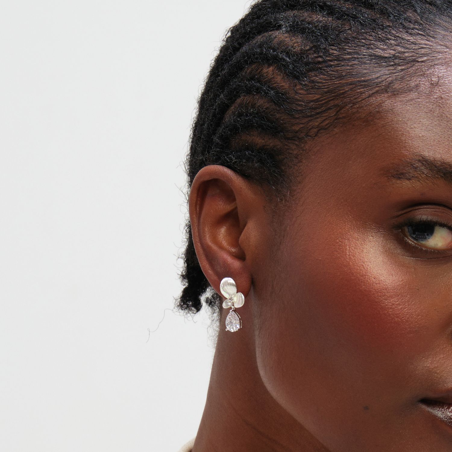 Inicio silver plated satin floral drop earrings, UK version