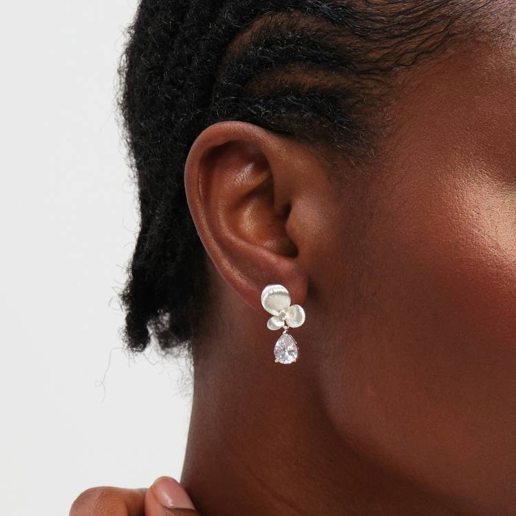 Inicio silver plated satin floral drop earrings, UK version