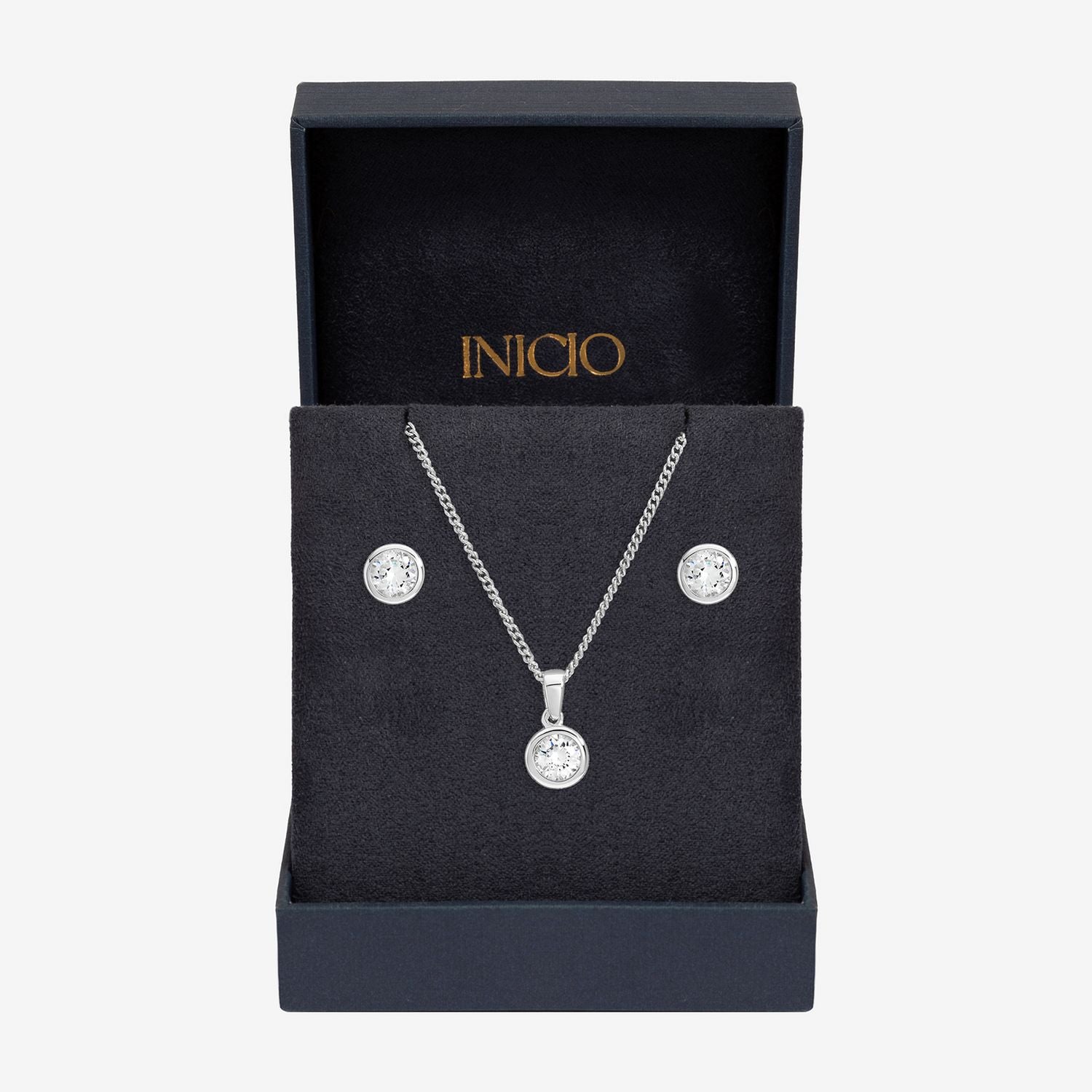Inicio cubic zirconia bezel necklace and earrings gift set (British brand)
