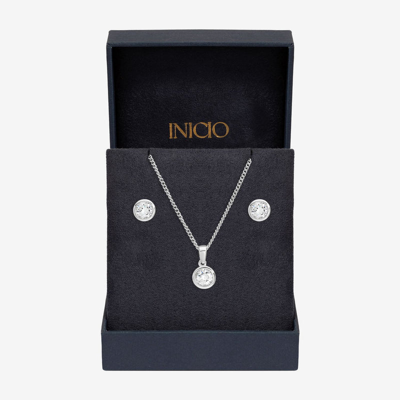 Inicio cubic zirconia bezel necklace and earrings gift set (British brand)