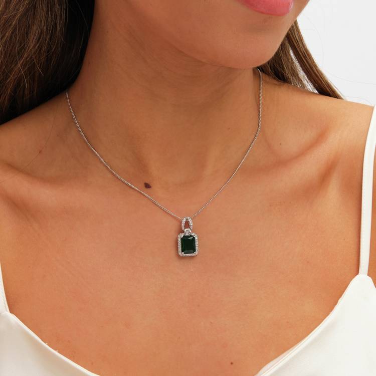 Jon Richard rhodium plated emerald cubic zirconia pendant - British product
