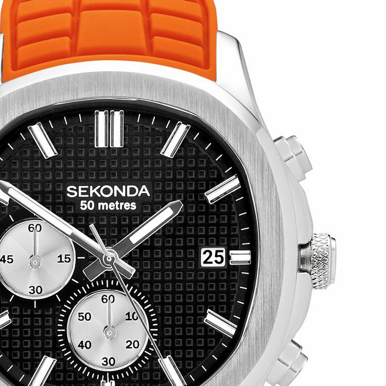 Sekonda men's chronograph watch with black dial and orange silicone strap - British product