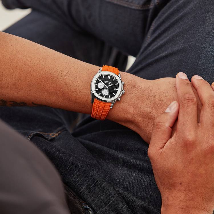 Sekonda men's chronograph watch with black dial and orange silicone strap - British product