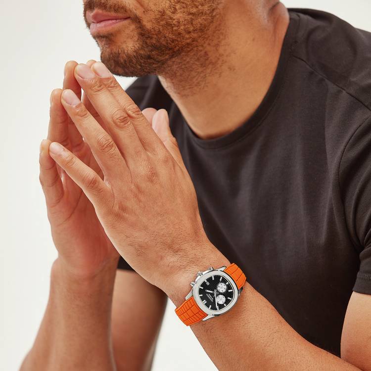 Sekonda men's chronograph watch with black dial and orange silicone strap - British product