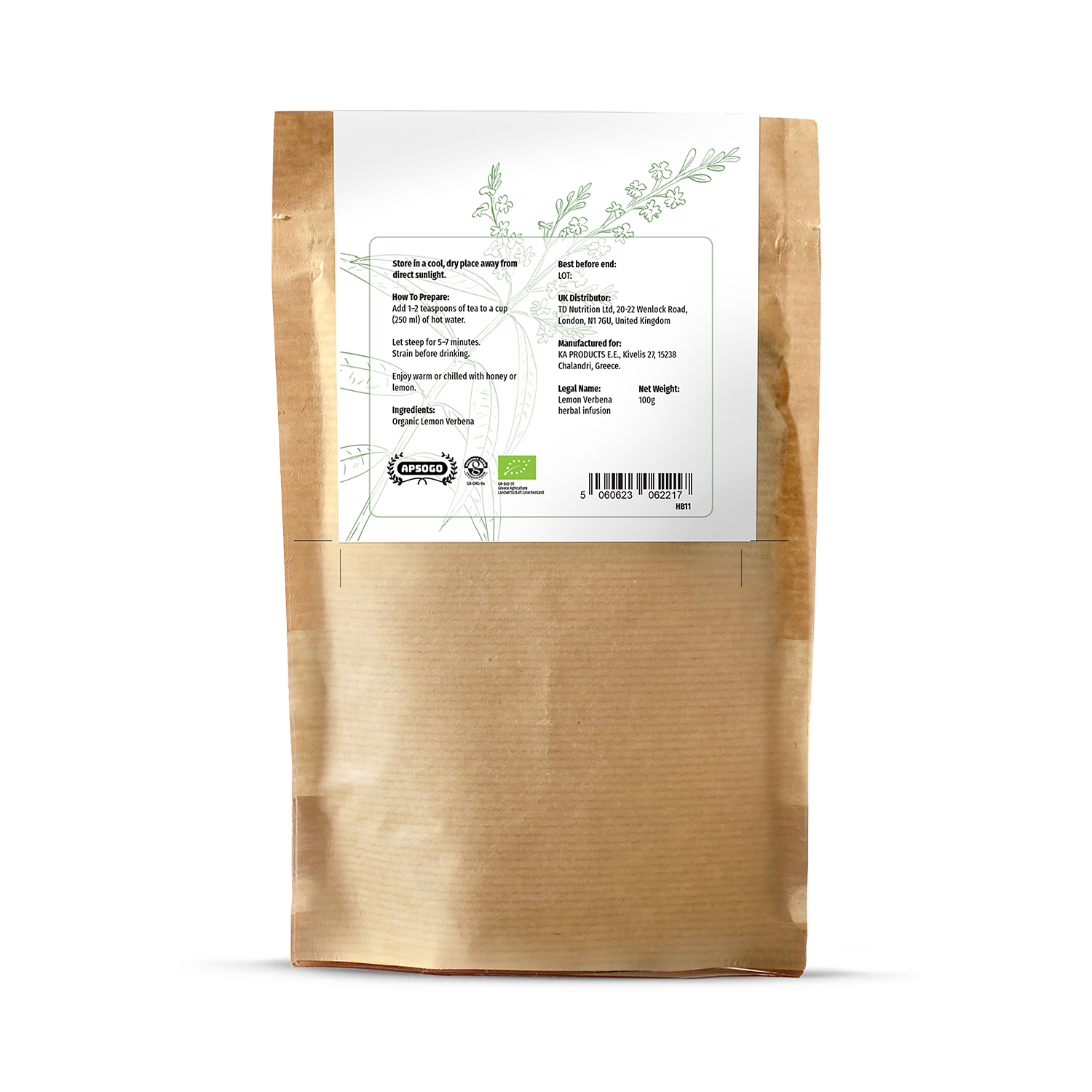 APSOGO organic lemon verbena loose leaf tea 100g (British brand)