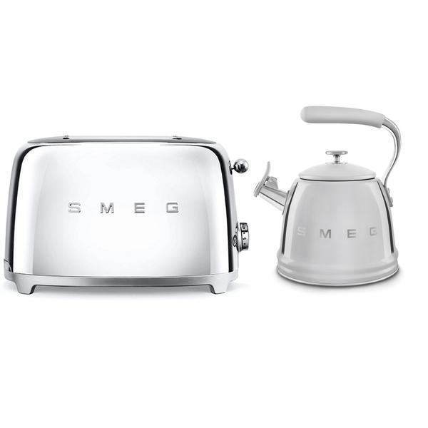 Smeg stovetop kettle and toaster set in silver, UK version