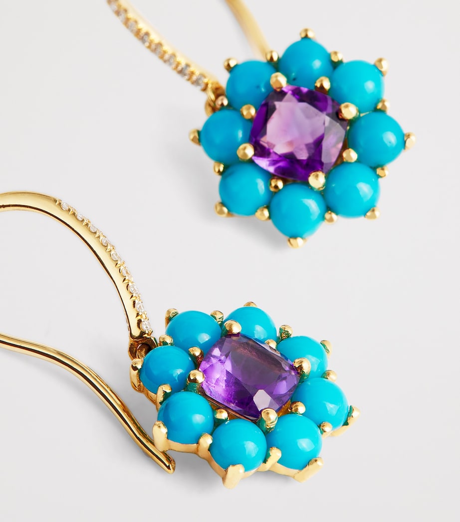 Jennifer Meyer gold flower drop earrings turquoise amethyst 23.5mm - British product