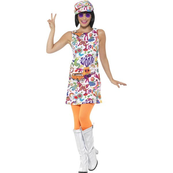 Smiffys 60s Groovy Chick Costume with dress and hat, UK version