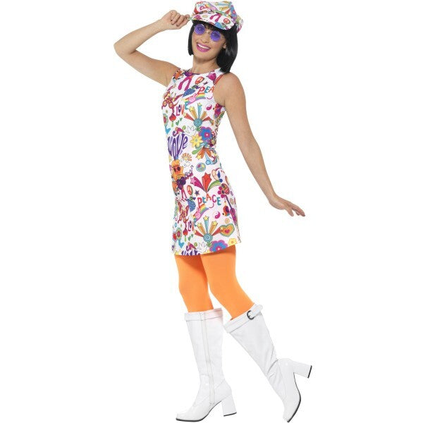 Smiffys 60s Groovy Chick Costume with dress and hat, UK version