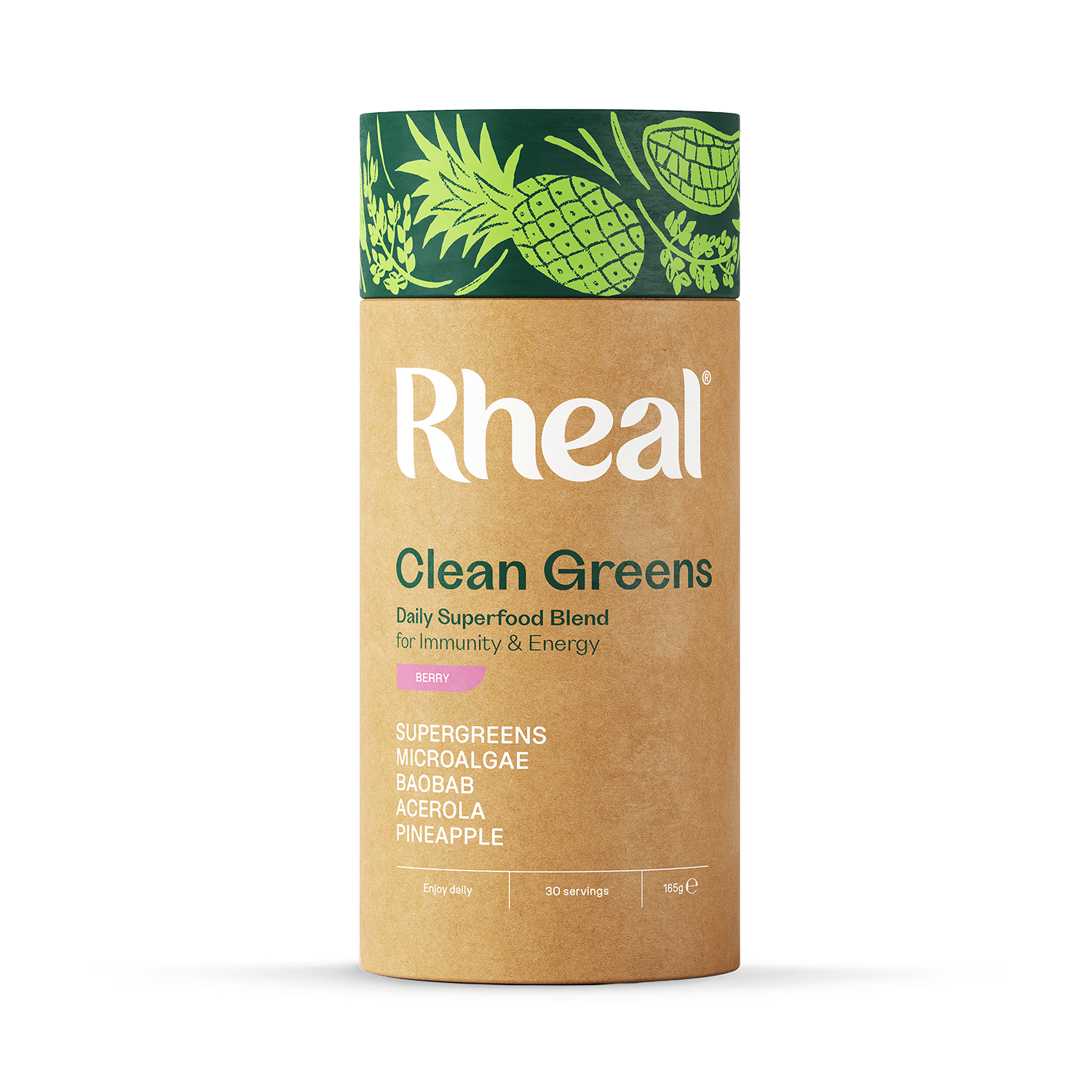 Rheal Clean Greens Berry superfood powder 165g, UK version