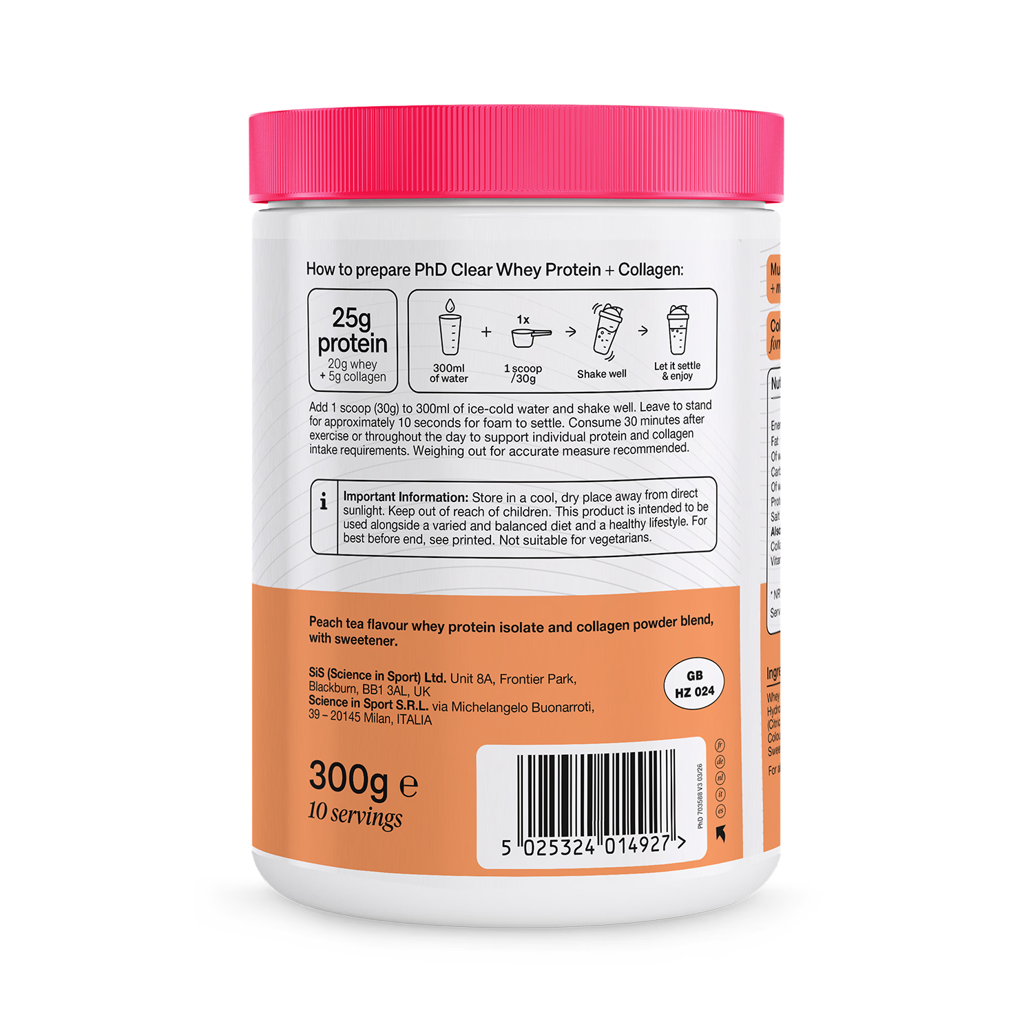 PHD clear whey collagen protein powder Peach Iced Tea 300g, UK version