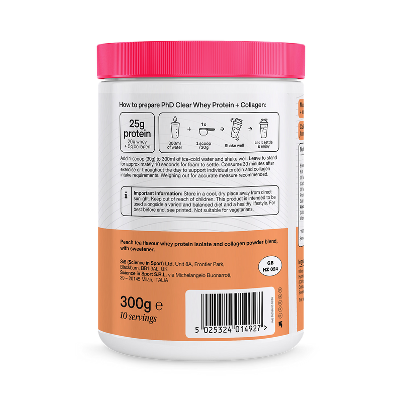 PHD clear whey collagen protein powder Peach Iced Tea 300g, UK version