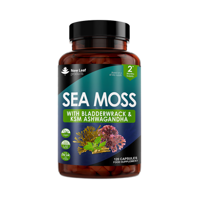 Holland & Barrett New Leaf Products Irish Sea Moss Capsules with Bladderwrack & KSM Ashwagandha 120 Capsules- Buy online at McGrocer
