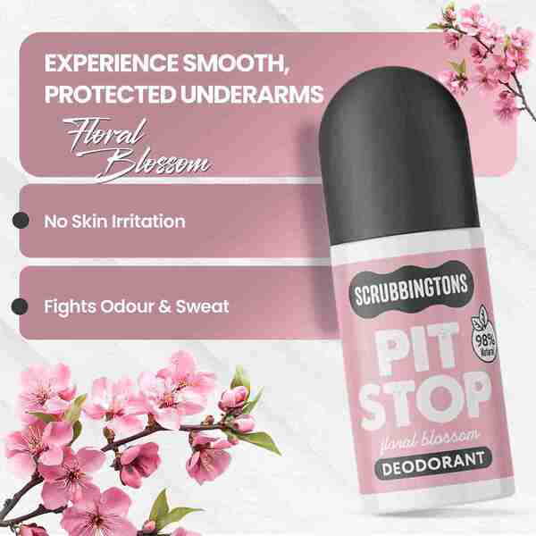 Scrubbingtons Pit Stop Floral Blossom deodorant 75ml 4-pack, imported from the UK