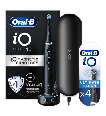 Oral-B iO10 Electric Toothbrush Cosmic Black + iO™ Ultimate Clean Black Replacement Electric Toothbrush Heads 4 Pack Bundle