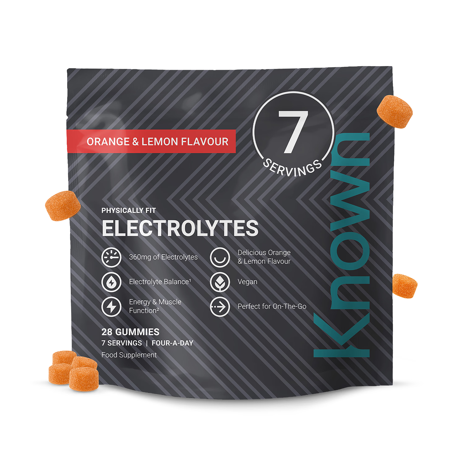 Known electrolyte gummies orange lemon 28ct, imported from the UK