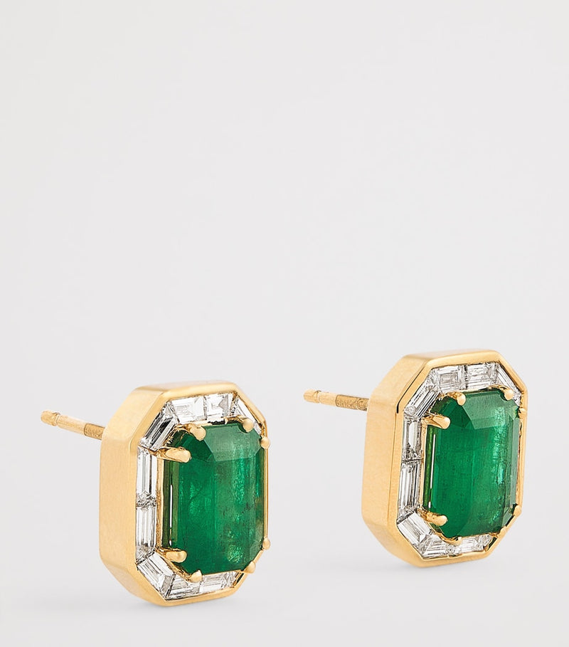 SHAY yellow gold emerald diamond halo earrings, imported from the UK