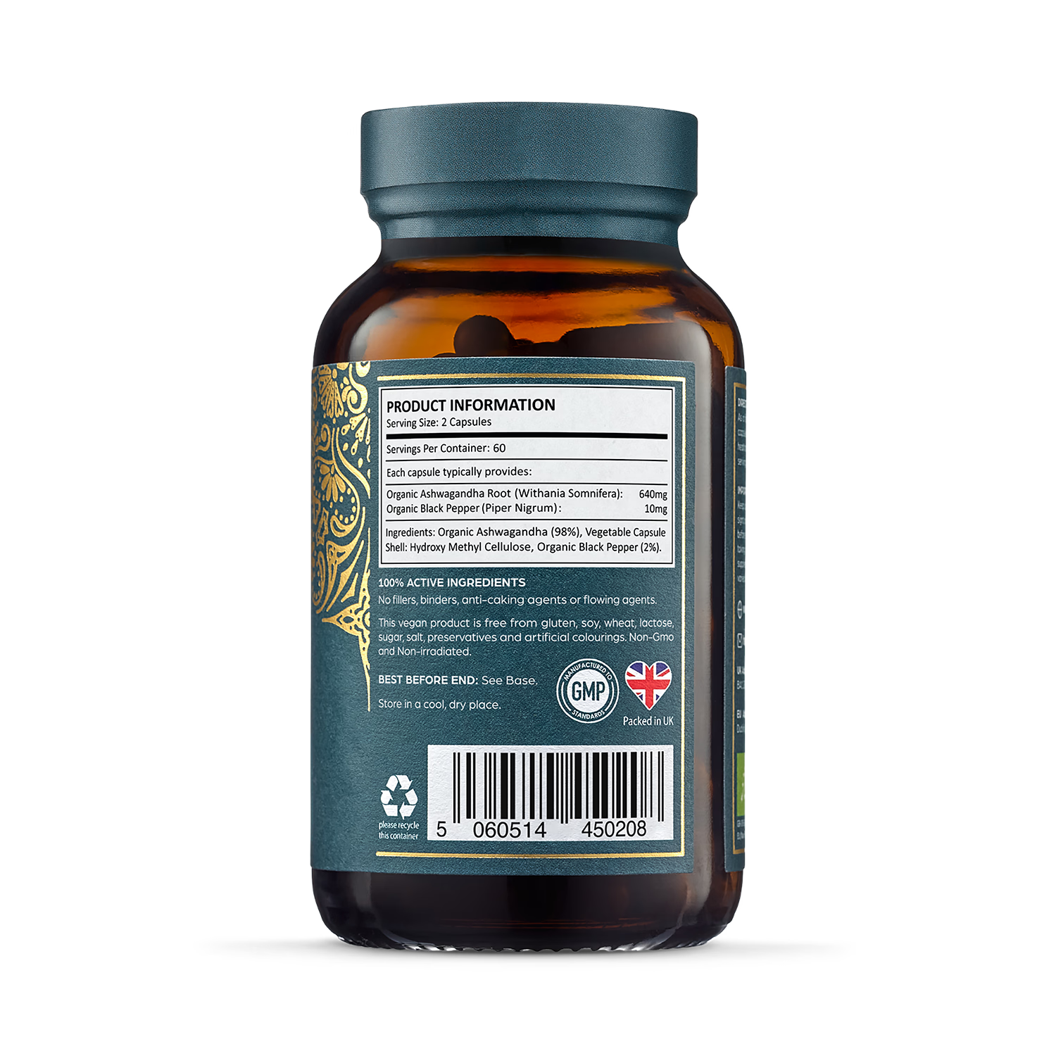 Ayurvediq organic ashwagandha root capsules 120 count, UK version