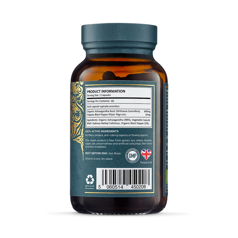 Ayurvediq organic ashwagandha root capsules 120 count, UK version