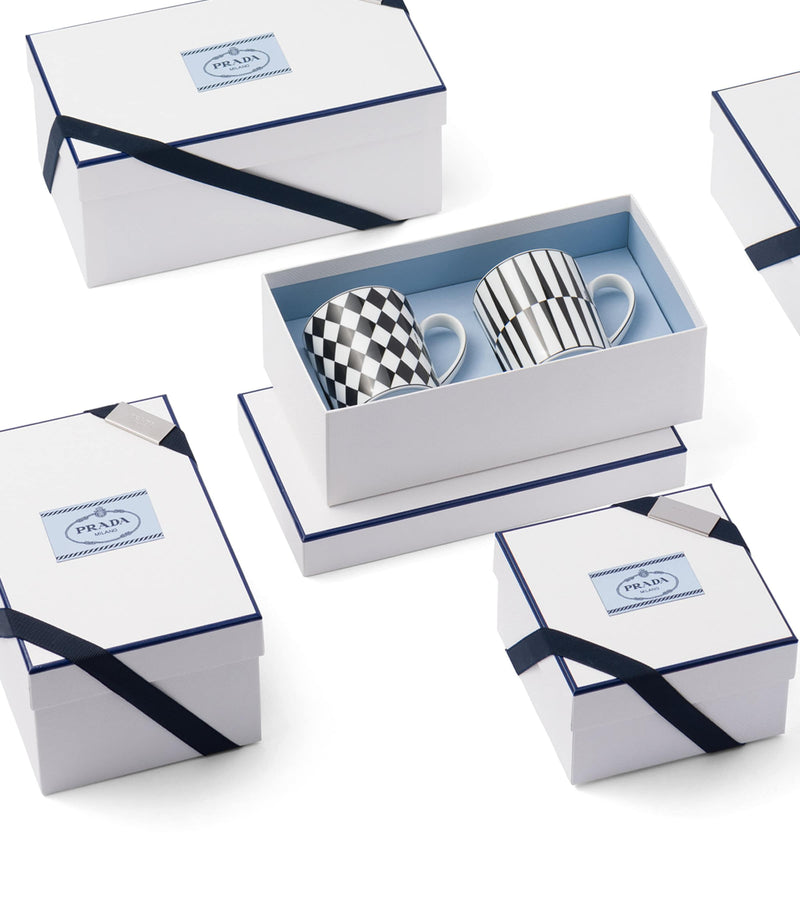 Prada porcelain mugs checkerboard and stripes set of 2, imported from the UK