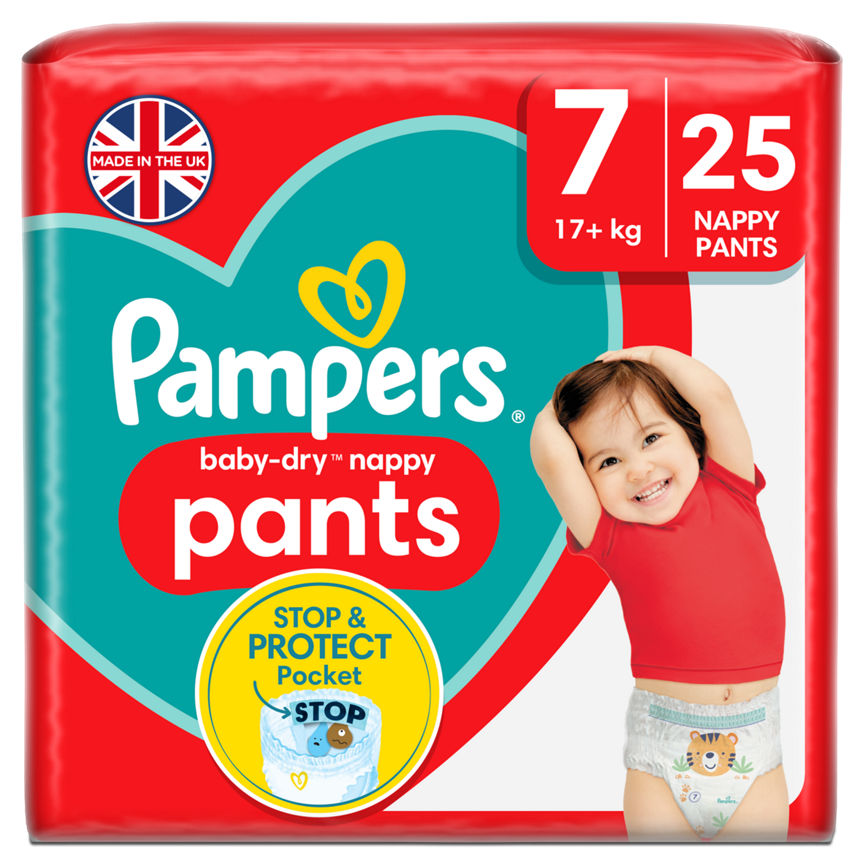 Pampers Baby-Dry Nappy Pants Size 7, 25 Nappies, 17kg+, Essential Pack