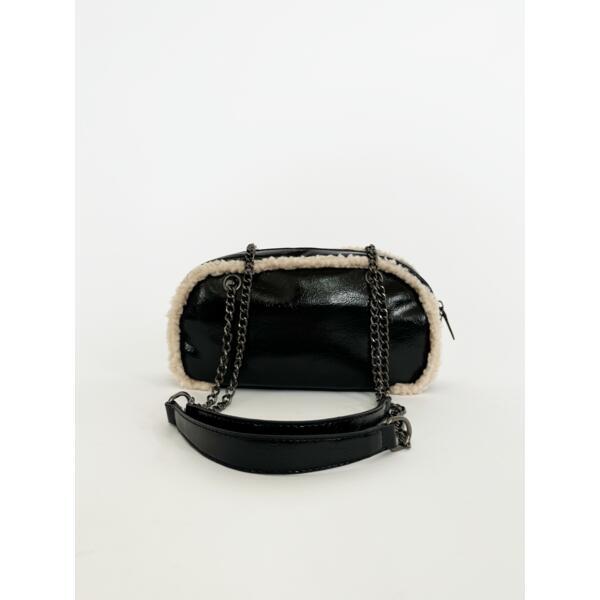 SVNX patent shoulder bag with Borg fur trim black - British product