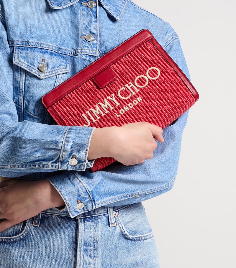 Jimmy Choo raffia leather-trim Avenue pouch, UK version