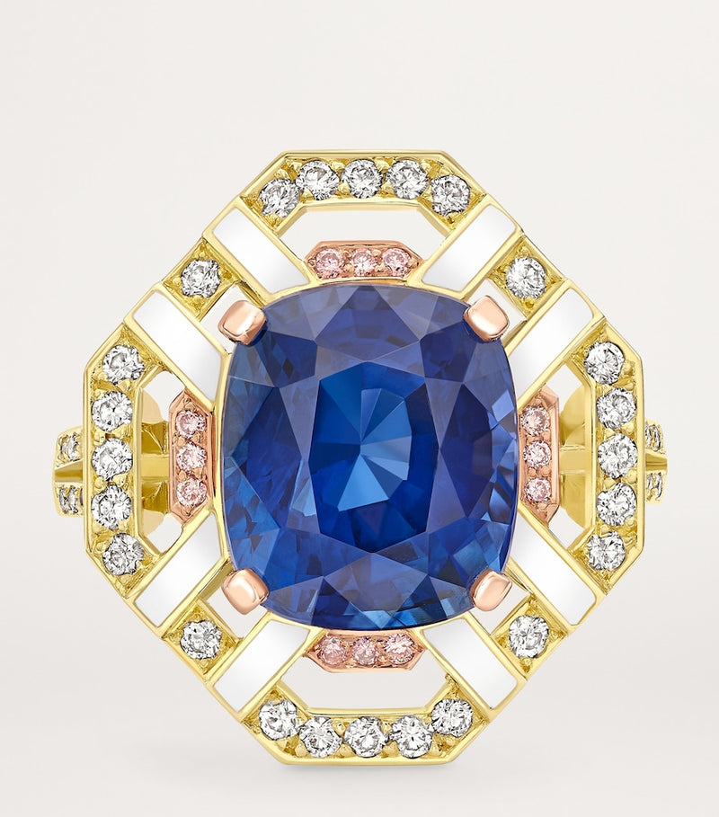 Boodles Fifth Avenue ring sapphire pink diamonds yellow gold, imported from the UK