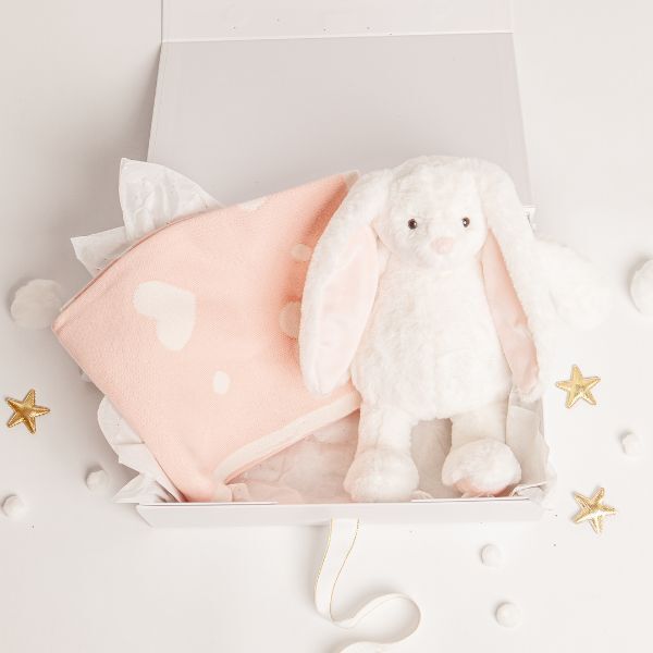 Babbico White Bunny And Pink Dot Heart Blanket Baby Gift Set GOODS Superdrug   