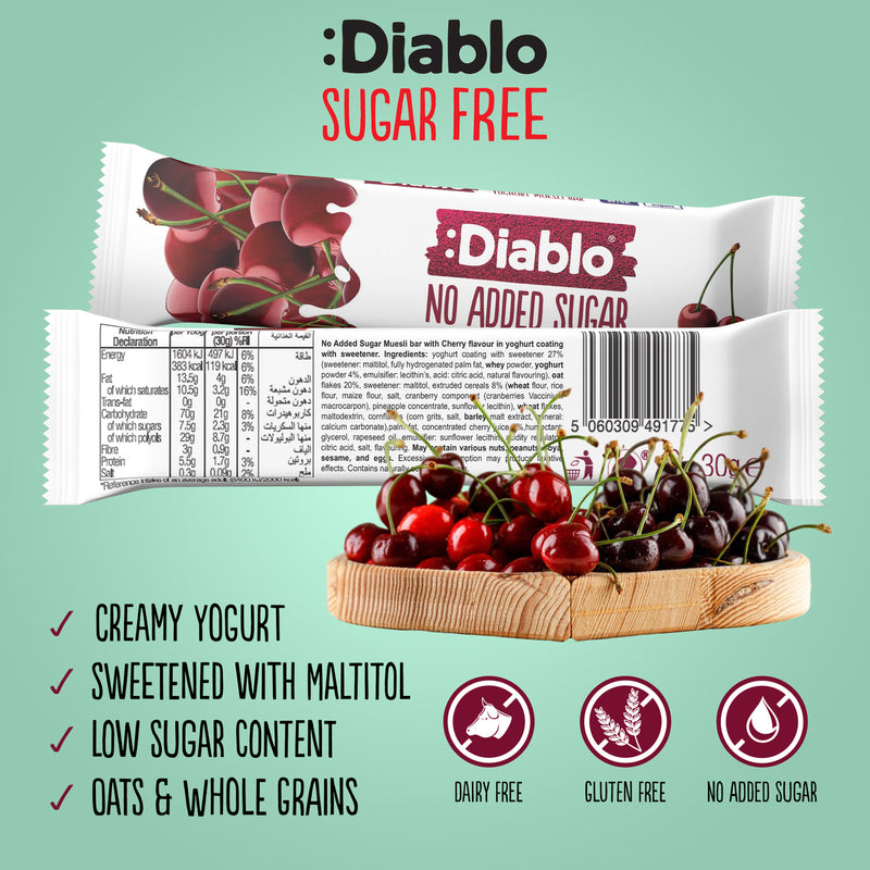 Diablo muesli bar no added sugar cherry 30g pack, UK version