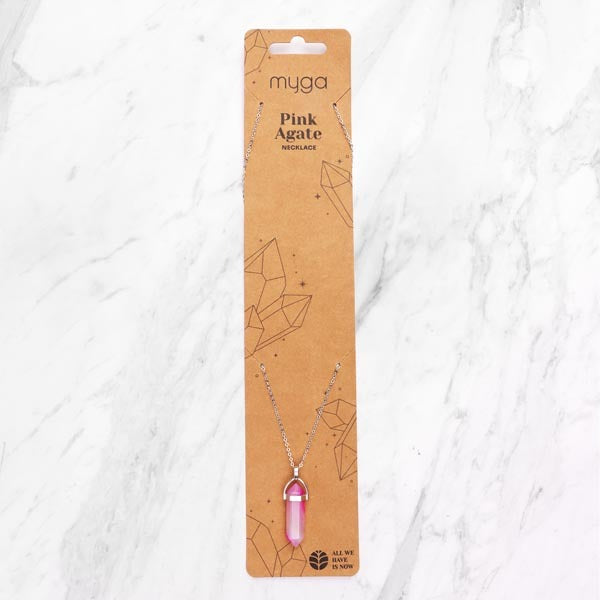 Myga pink agate pendant necklace 45cm, UK version