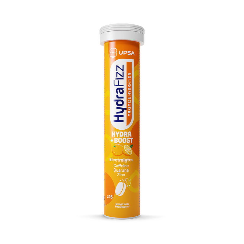 Hydrafizz Hydra + Boost effervescent supplement orange flavour, imported from the UK