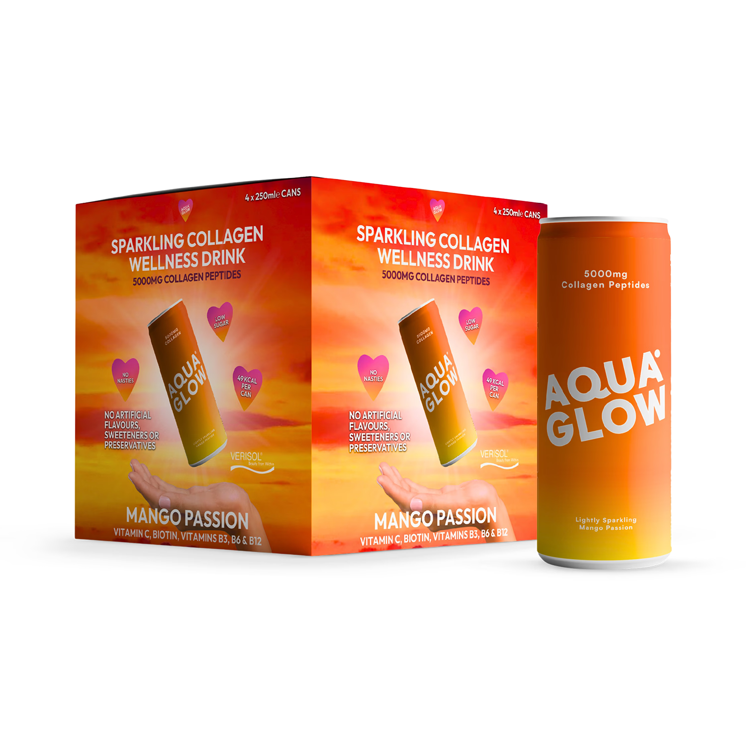 AQUA GLOW Mango Passion collagen drink 4x250ml, imported from the UK
