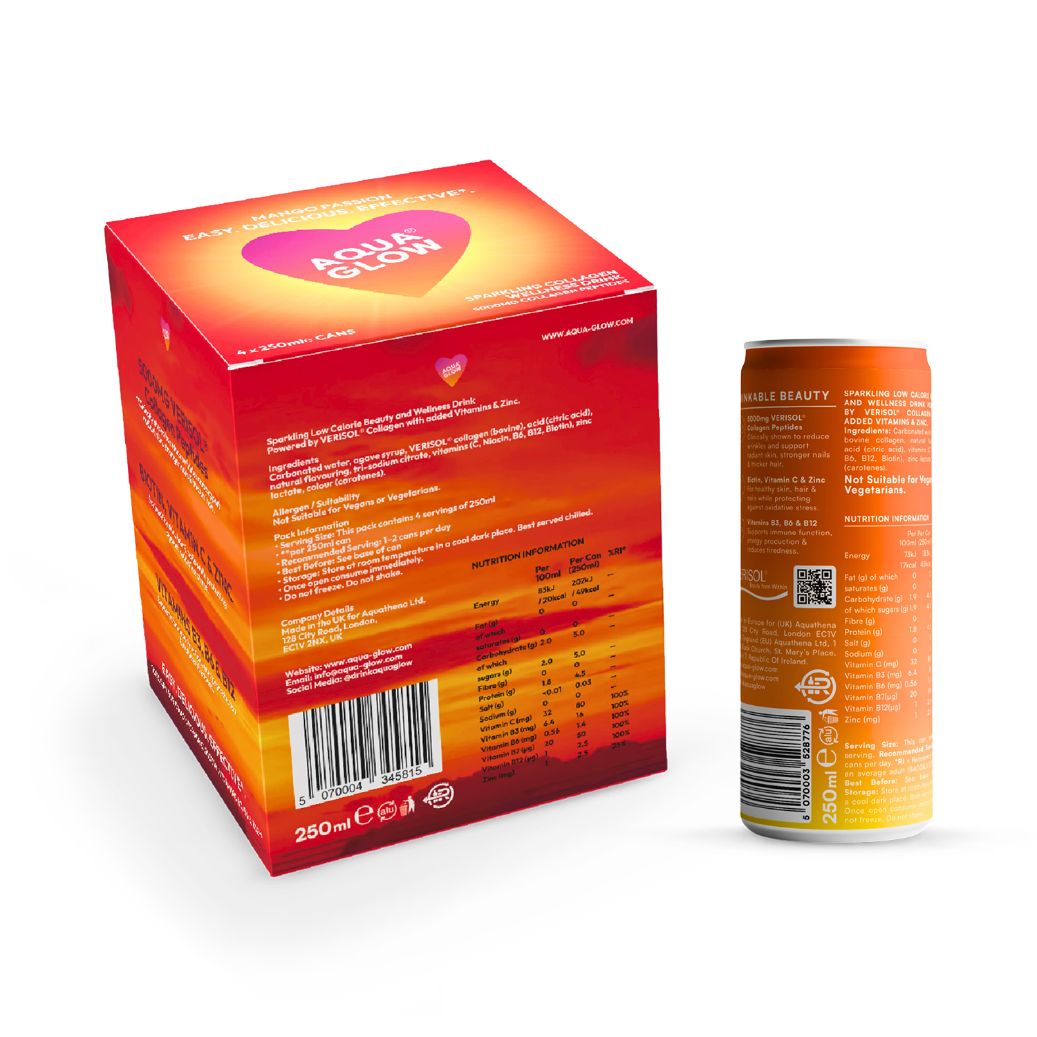 AQUA GLOW Mango Passion collagen drink 4x250ml, imported from the UK