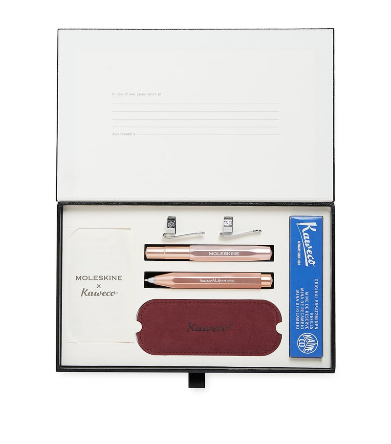 Moleskine leather notebook with rollerball pen and mechanical pencil set, imported from the UK