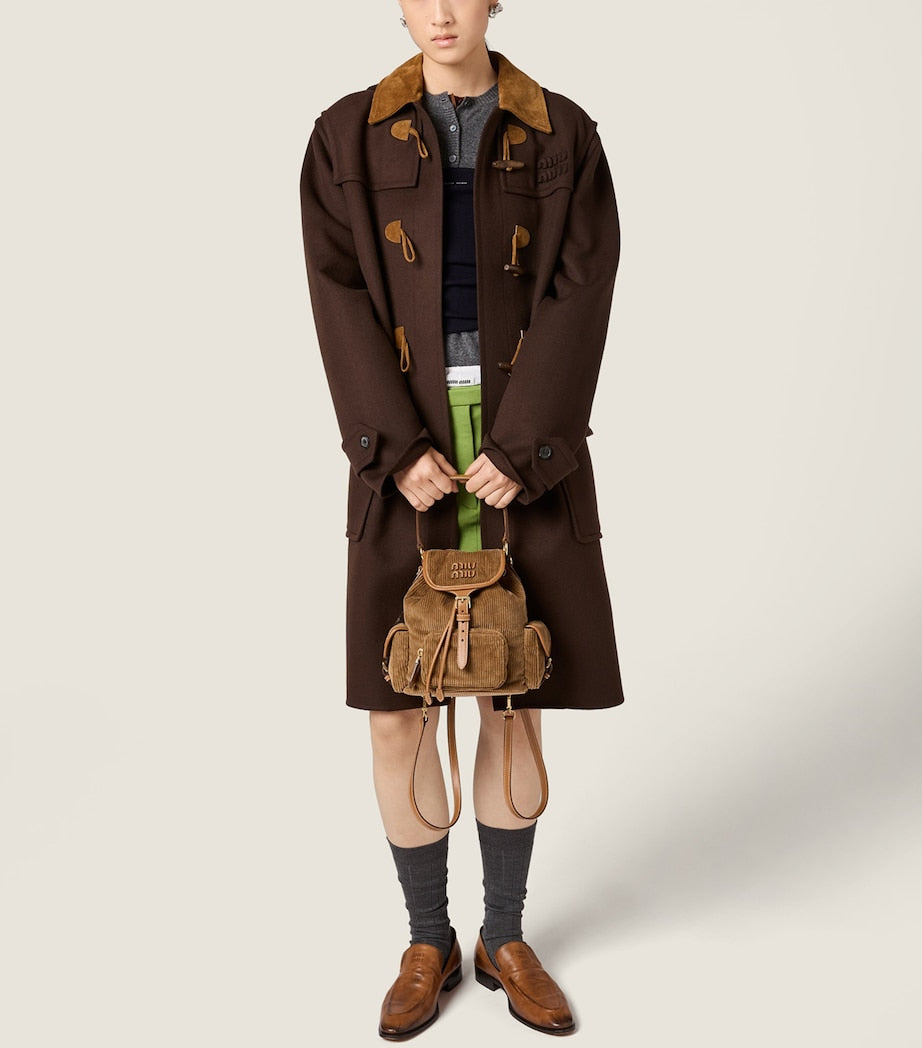 Miu Miu medium corduroy leather-trim backpack, imported from the UK