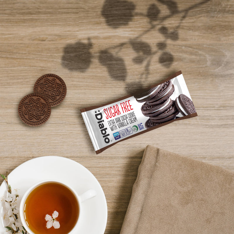 Diablo sugar-free extra dark cocoa vanilla cream cookies, imported from the UK