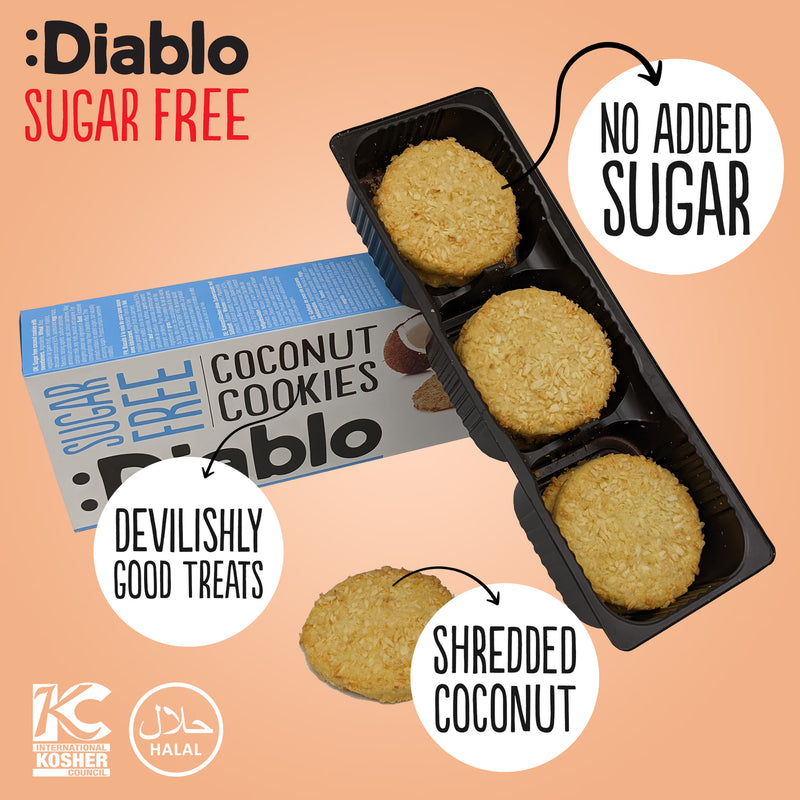 Diablo sugar free coconut cookies 150g pack of 6, imported from the UK