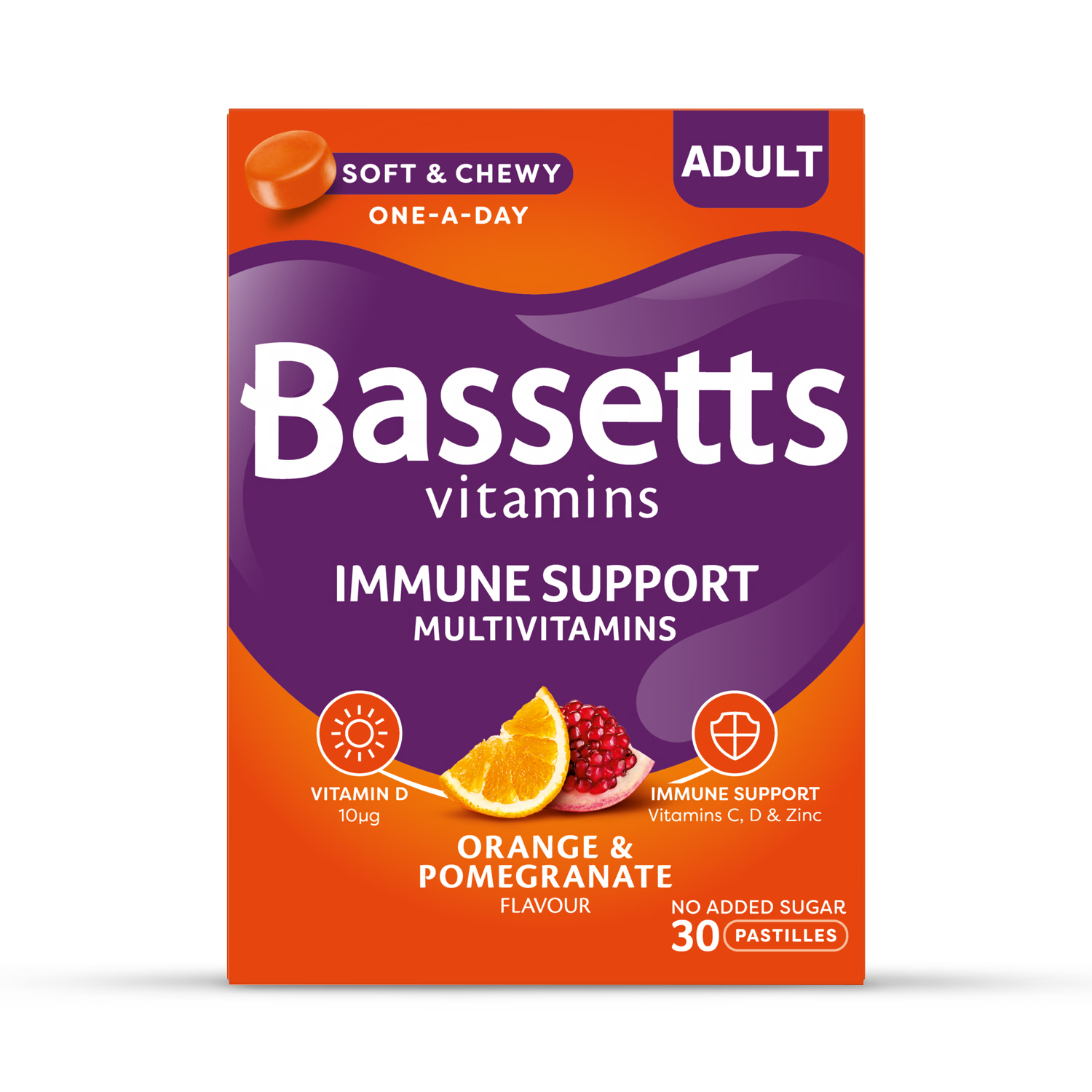 Bassetts Vitamins adult immune support multivitamins orange and pomegranate 30 pastilles (British brand)