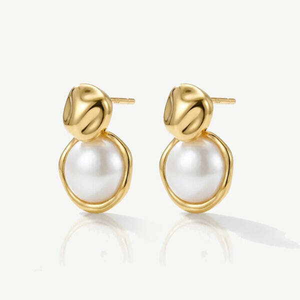 MUCHV gold coin stud earrings with white pearl, imported from the UK