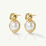 MUCHV gold coin stud earrings with white pearl, imported from the UK