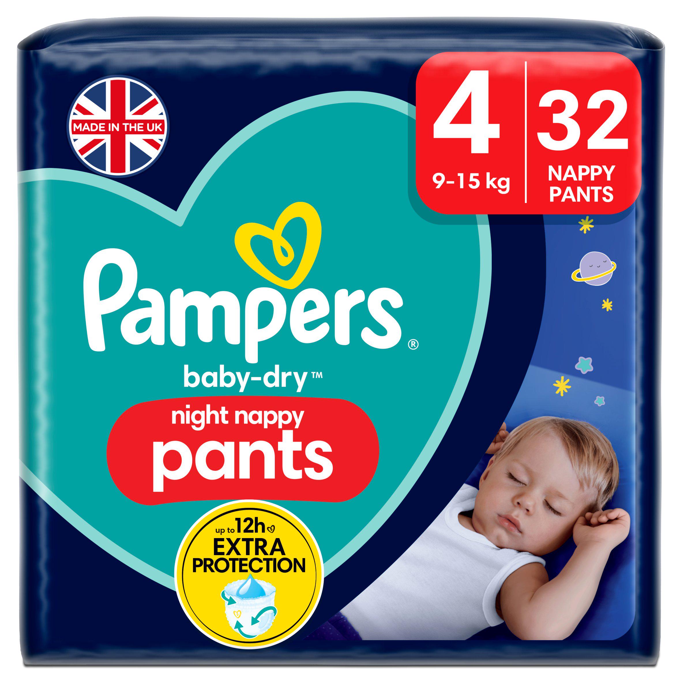 Pampers Baby Dry Night Nappy Pants Essential Pack Nappies Size 4, 9kg-15kg x32 GOODS Sainsburys   