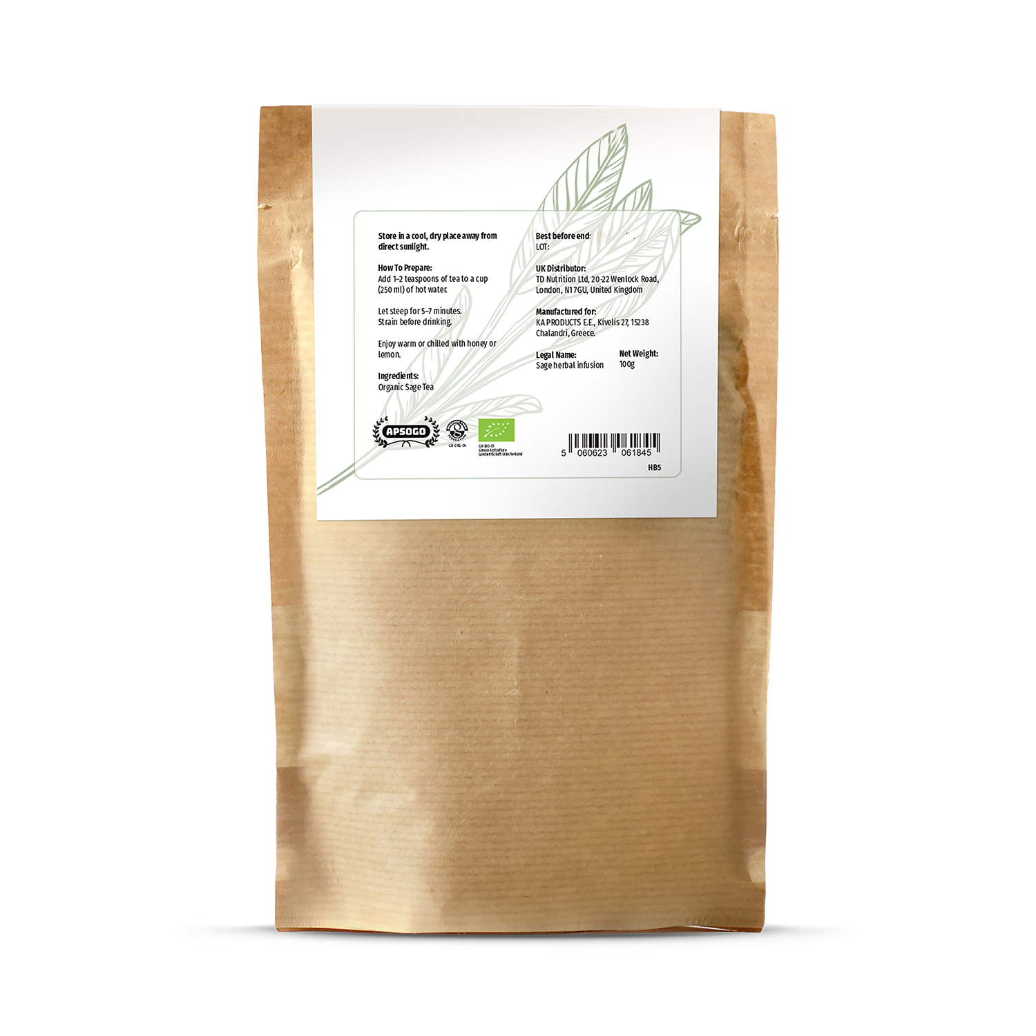 APSOGO organic sage tea loose leaf 100g, imported from the UK