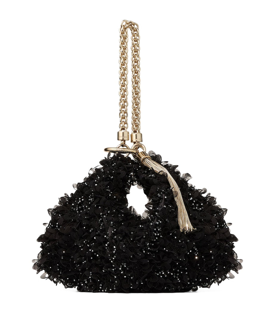 Jimmy Choo crystal-embellished satin clutch bag, imported from the UK