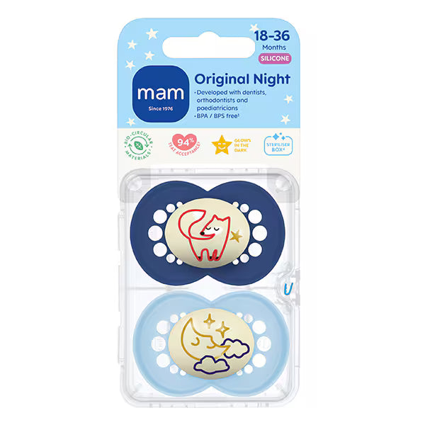 MAM night soother 18-36m 2pk, imported from the UK