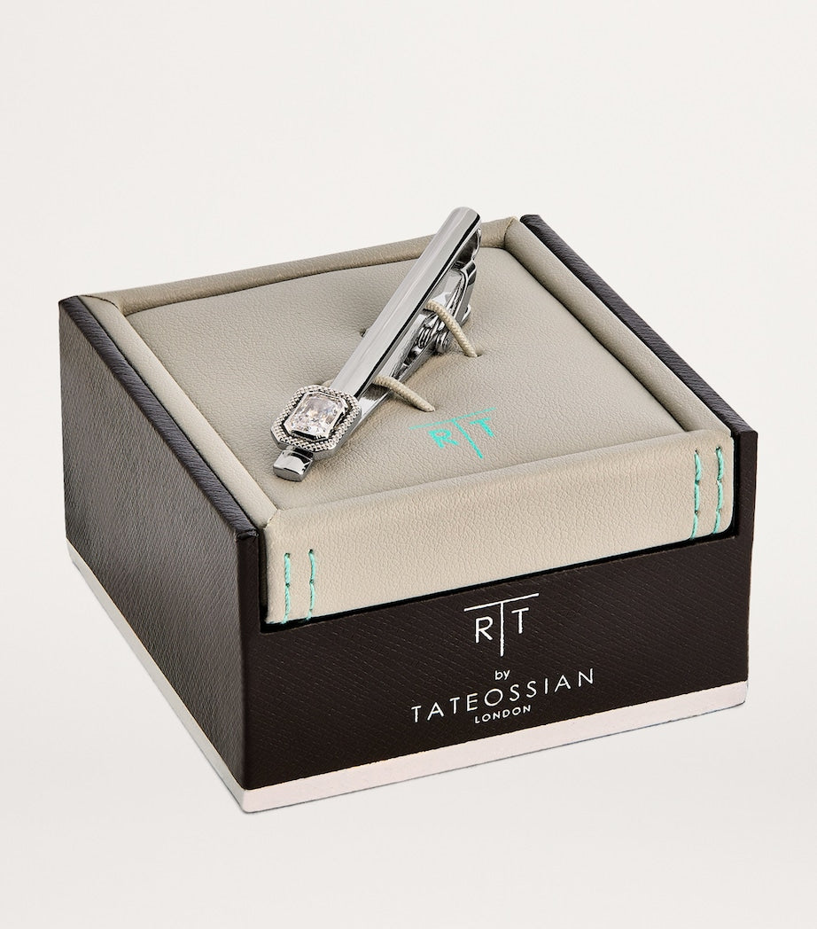 Tateossian rhodium-plated cubic zirconia halo tie clip, imported from the UK