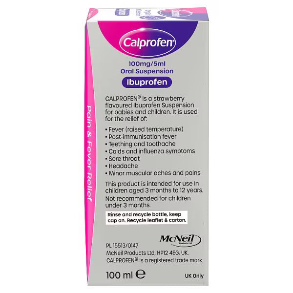 Calprofen Ibuprofen Suspension Strawberry 100ml - British product